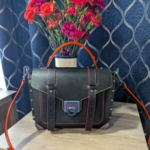 Michael Kors Black Manhattan Satchel Bag with Neon Accents